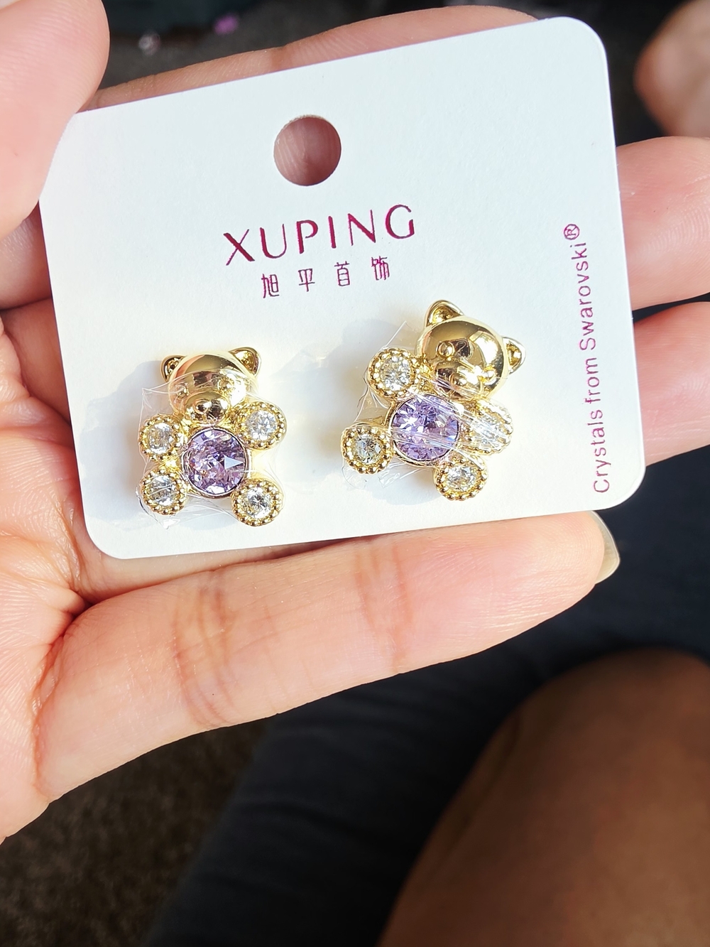 Xuping Gold Teddy Bear Stud Earrings with Light Purple Crystals